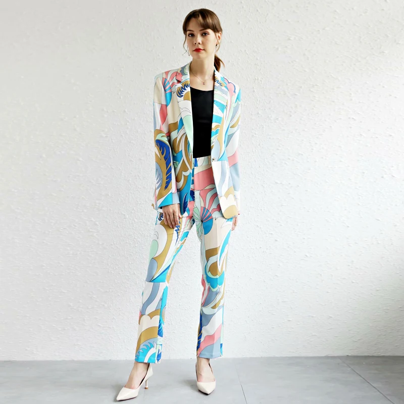 

Runway Autumn New Fashion Party Workplace Blue Print Long Sleeve Suit Jacket Slim Casual Trousers Elegant Chic Women'S Sets
