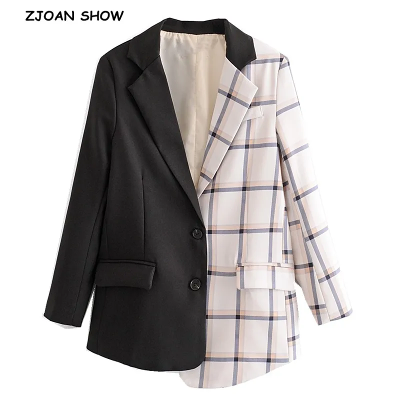 2020 Autumn Asymmetry Stitching Check Gingham Plaid Blazer Boyfriend friend style Women Contrast color Suit Coat Fashion Femme | Женская