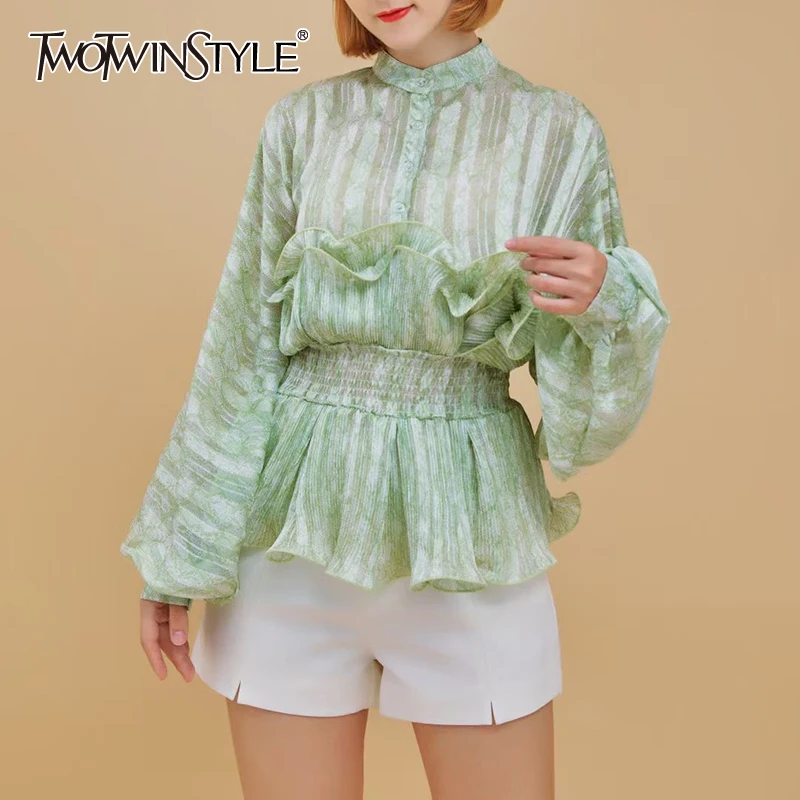 

Женская рубашка с рюшами TWOTWINSTYLE, весенняя, зеленая, с воротником-стойкой, длинными рукавами-фонариками, 2021