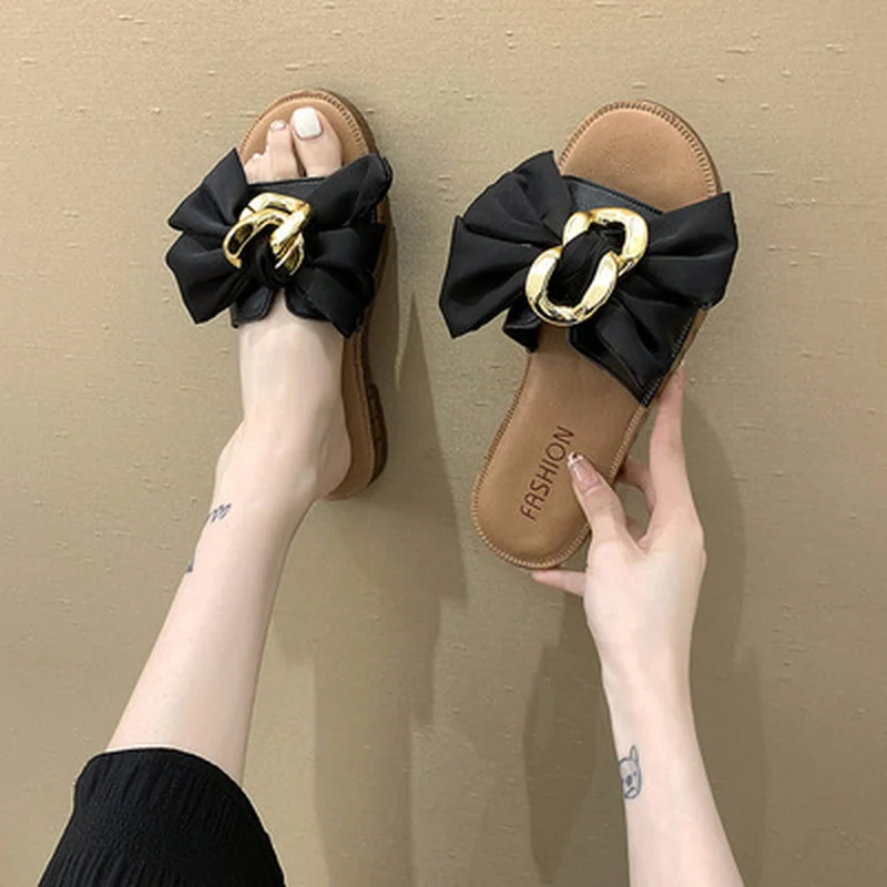 

Shoes Woman's Slippers Butterfly-Knot Low Slides Fashion 2021 Flat Rubber Genuine Leather Luxury PU Butterfly-knot Basic Patent