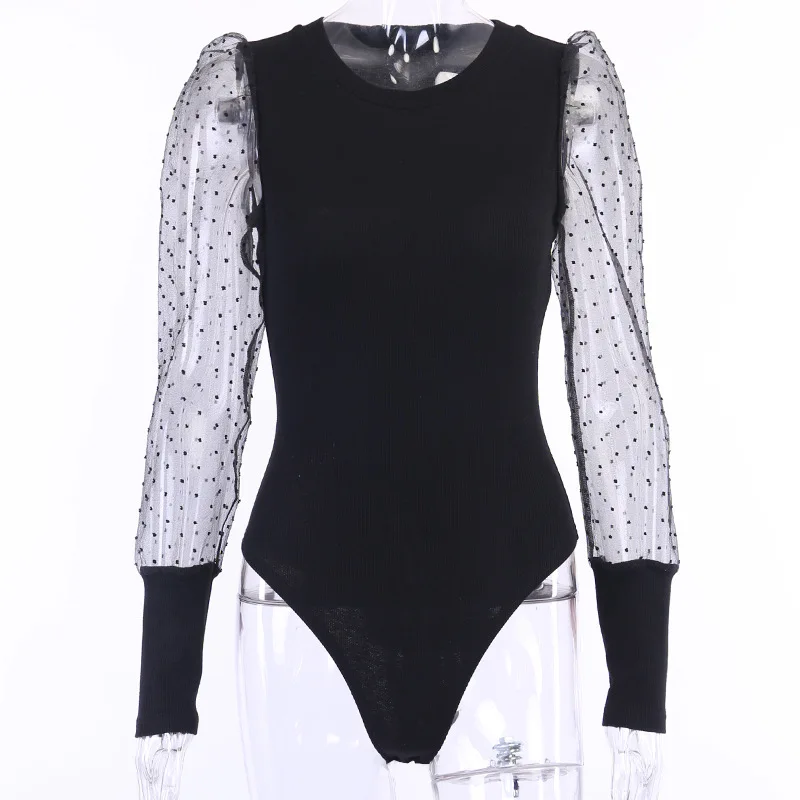 ArtSu Women Sexy Black Bodysuit Streetwear O-Neck Patchwork Long Sleeve Mesh Polka Dot Print Body Top Casual Overalls