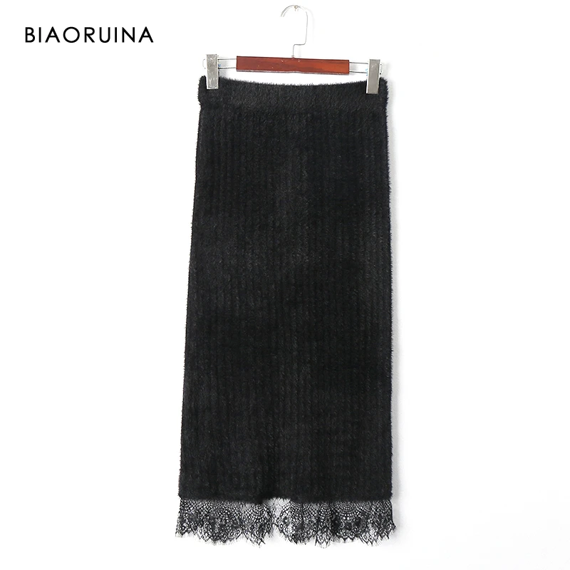 BIAORUINA женская черная меховая Лоскутная кружевная прямая юбка с высокой талией