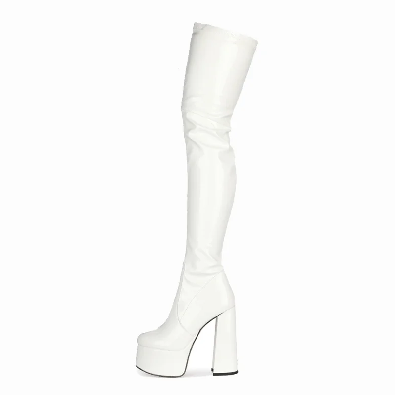 

Autumn fashion new thick heel waterproof platform patent leather round head high heel white knee boots large women's boots 45