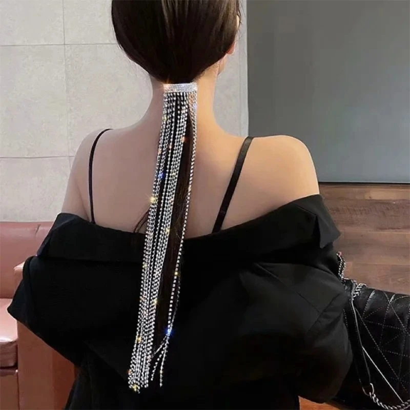 

Women Shiny Faux Crystal Tassels Hair Clip Full Rhinestone Long Chain Spring French Barrette Ponytail Extension Hairpin