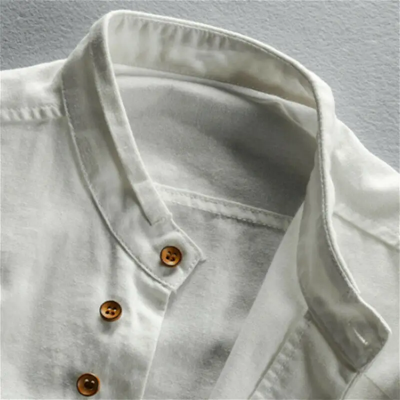 Рубашка мужская из хлопка и льна с воротником-стойкой длинными рукавами | Мужская