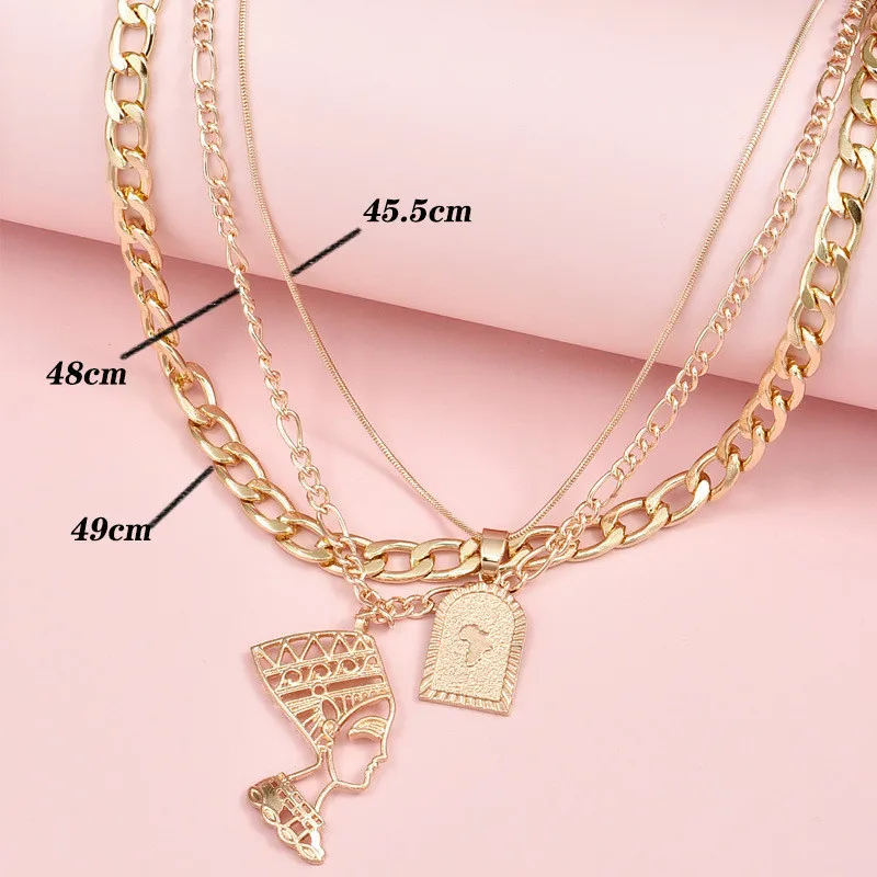 Trendy Punk Multilayer Pharaoh Portrait Coin Pendant Necklace Women Gold Color Figaro Chain Statement Fashion Jewelry | Украшения и