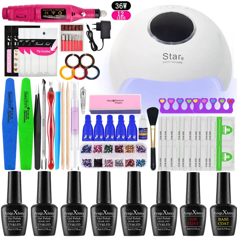 36W choose 6 colors Маникюрный набор, полный набор инструментов, 6/10 цветов, замачиваемый УФ-гель для ногтей, Набор лаков для ногтей, топ, Базовое покрытие, щетка для удаления буфера - Цвет: 36W choose 6 colors