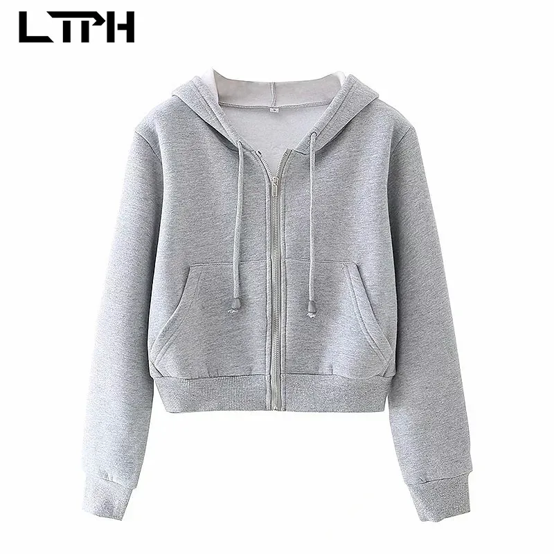 

LTPH ins fashion short hoodie sweatshirts Zip-up solid color plus fleece warm sweatshirts Casual Outerwear 2021Spring Autumn New