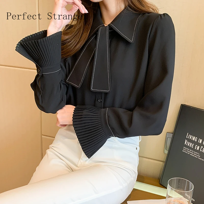 

2021 Spring Autumn New Arrival Hot Sale Turn-down Collar Long Sleeve Flare Sleeve Women Chiffon Blouse High Quality