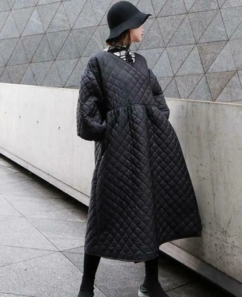 

Womens Vintage Checks Cotton Padded Quilted V Neck Lantern Sleeves Dresses Coat Outwear Long Oversize Black