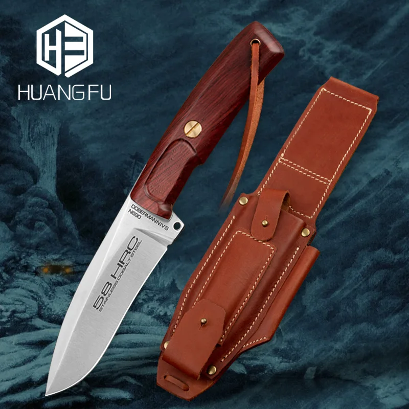 

Handmade hunting knife N690 steel fixed blade knife leather scabbard rosewood handle outdoor survival camping tools