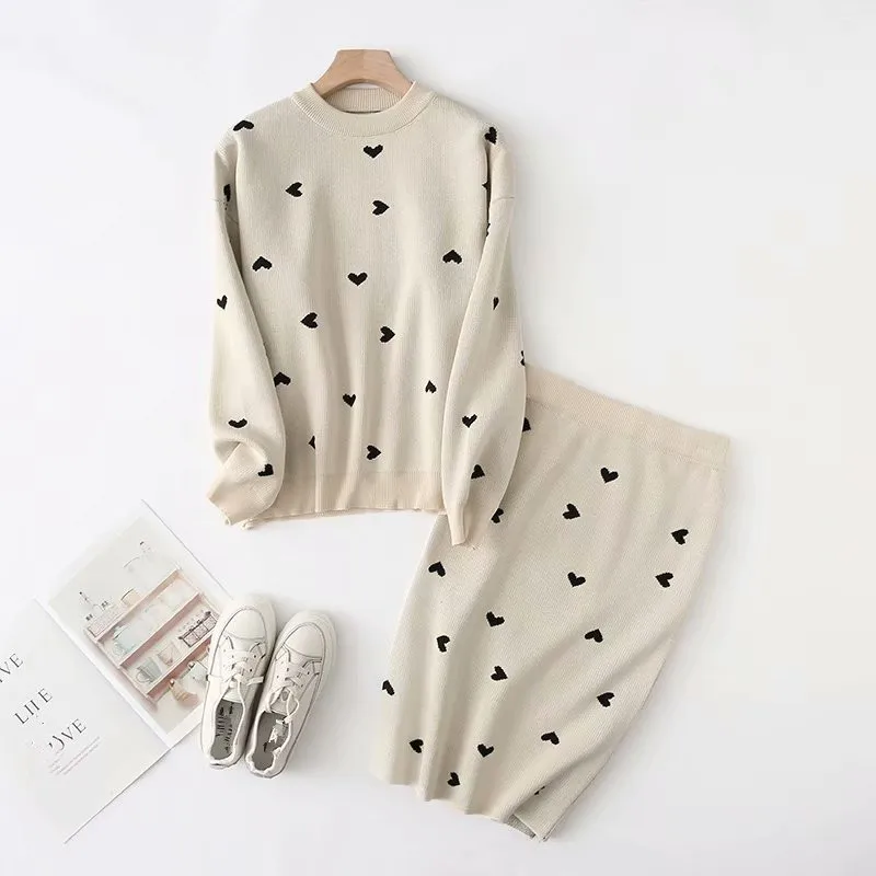 Женский пуловер с принтом сердца свитер и юбка вязаный комплект из двух