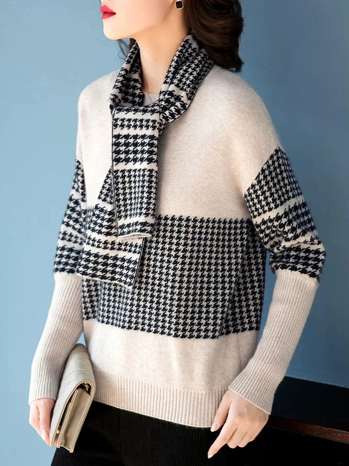Осенний лоскутный клетчатый свитер с шарфом женские джемперы вязаные пуловеры |