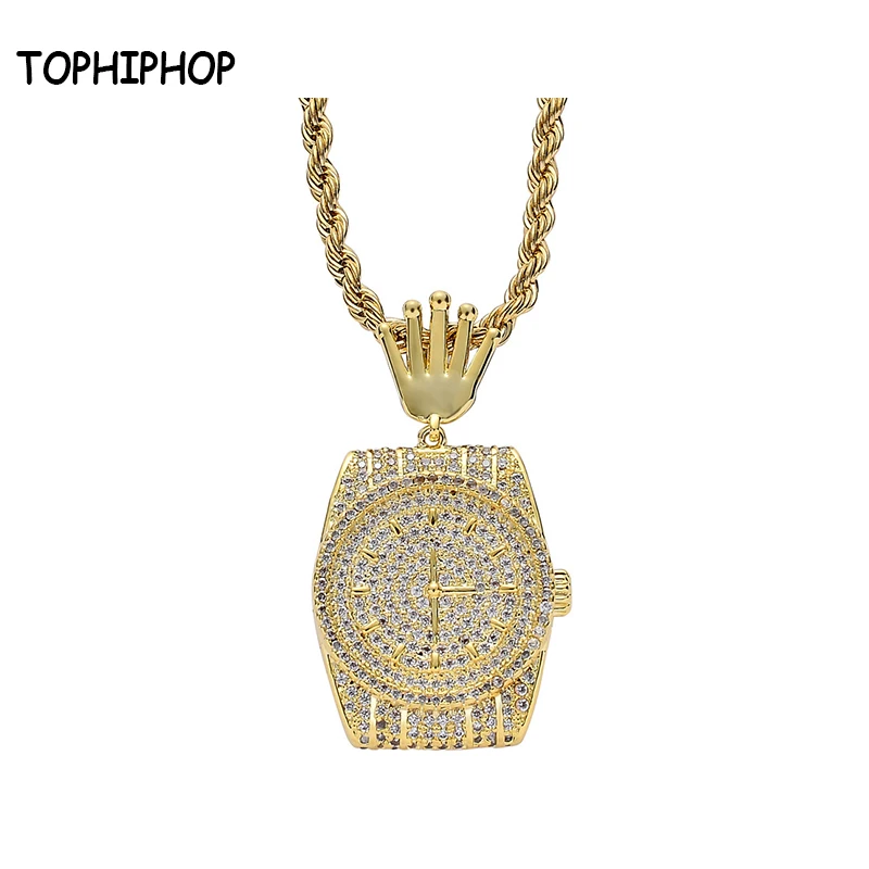TOPHIPHOP сверкающие часы с циферблатом подвески ожерелья закрепкой циркониевые