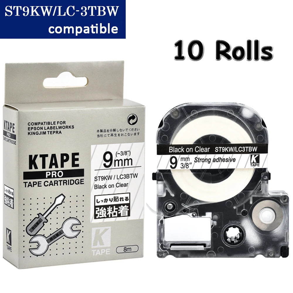 CIDY 10 шт. 9 мм черный на прозрачном ST9KW/LC3TBW9 фотоклейкая лента для kingjim/epson label maker LW400