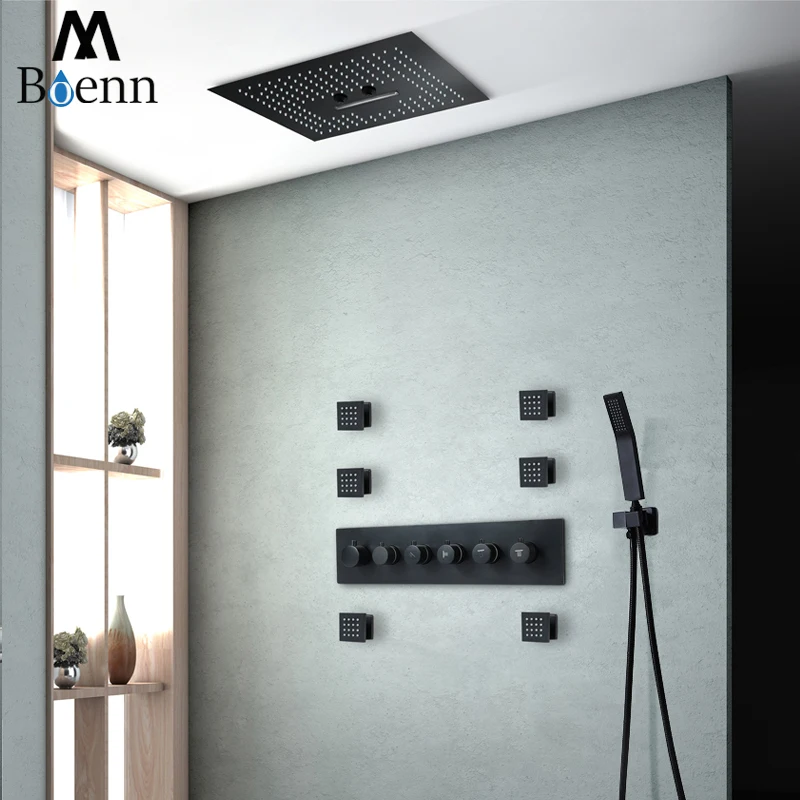

M Boenn 16" Matte Black Rain Shower System Ceiling LED ShowerHeads Waterfall Shower Panel Bathroom Faucets Concealed Mixer Tap