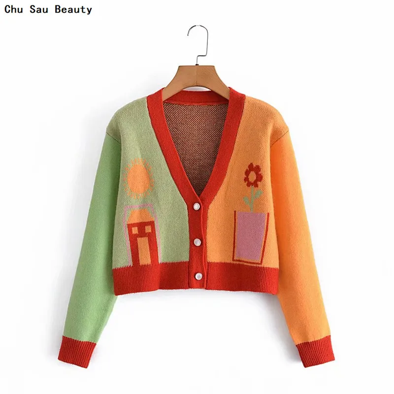 

2021 New Women's Multi-Color Stitching Knitted Cardigan Jacket Autumn Fashion V-Neck Single-Breasted Keep Warm Slim-Fit Sweater