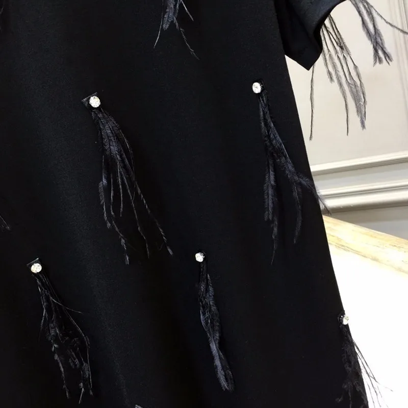 

TWOTWINSTYLE Patchwork Diamond Feather Dress For Women O Neck Short Sleeve Casual Loose Dresses Female Fashion Summer Clothes
