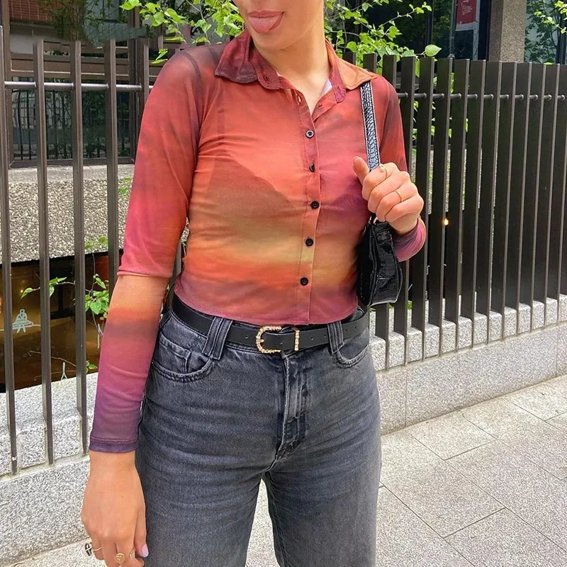 

Long Sleeve Female Shirts Casual Turn Down Collar Women Tie dye Print Mesh See through Shirt Spring Office Lady Blouse