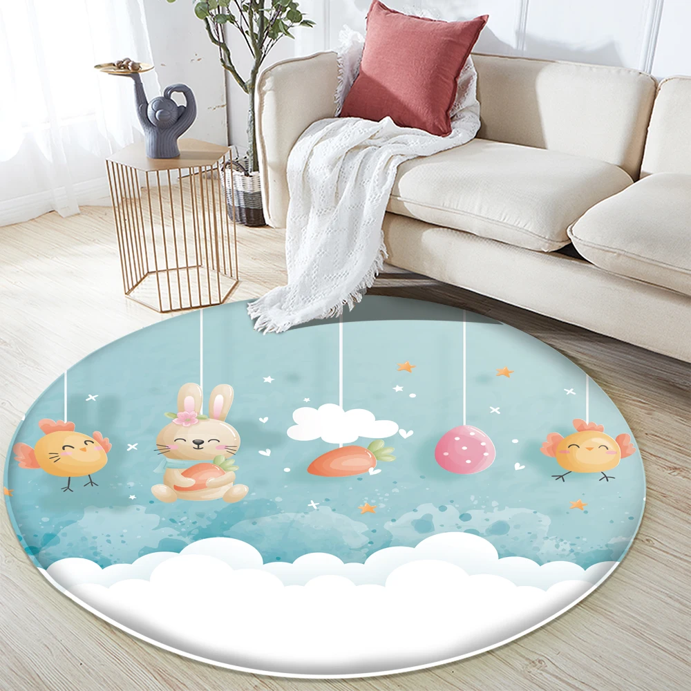 Tapislázuli decorativo para niños, alfombra de área con estampado de conejo de dibujos animados, redonda, para sala de estar, alfombrilla antideslizante de franela