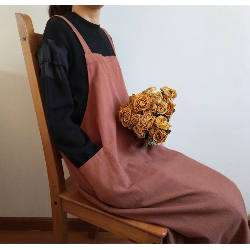

Literary Retro Loose Cotton Linen Apron For Women And Men Unisex Kitche Painting Flower Shop Cafe Overalls Jumpsuit