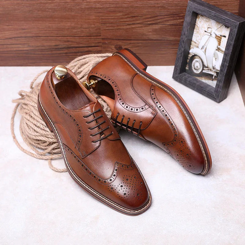 

DESAI New Arrivals Light Brown Men Business Dress Shoes Genuine Leather Derby Gentleman Shoes Formal Carved Bullock Brogue