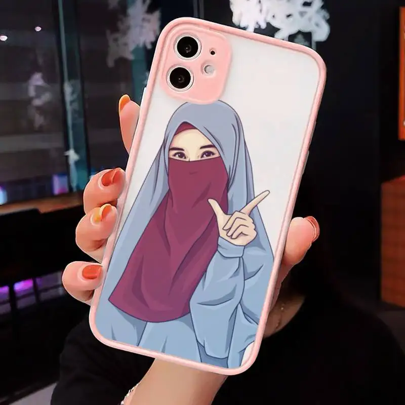 

Phone Case For iPhone 12 11 Mini Pro XR XS Max 7 8 Plus X Muslim girl cute cartoon Matte transparent Pink Cover