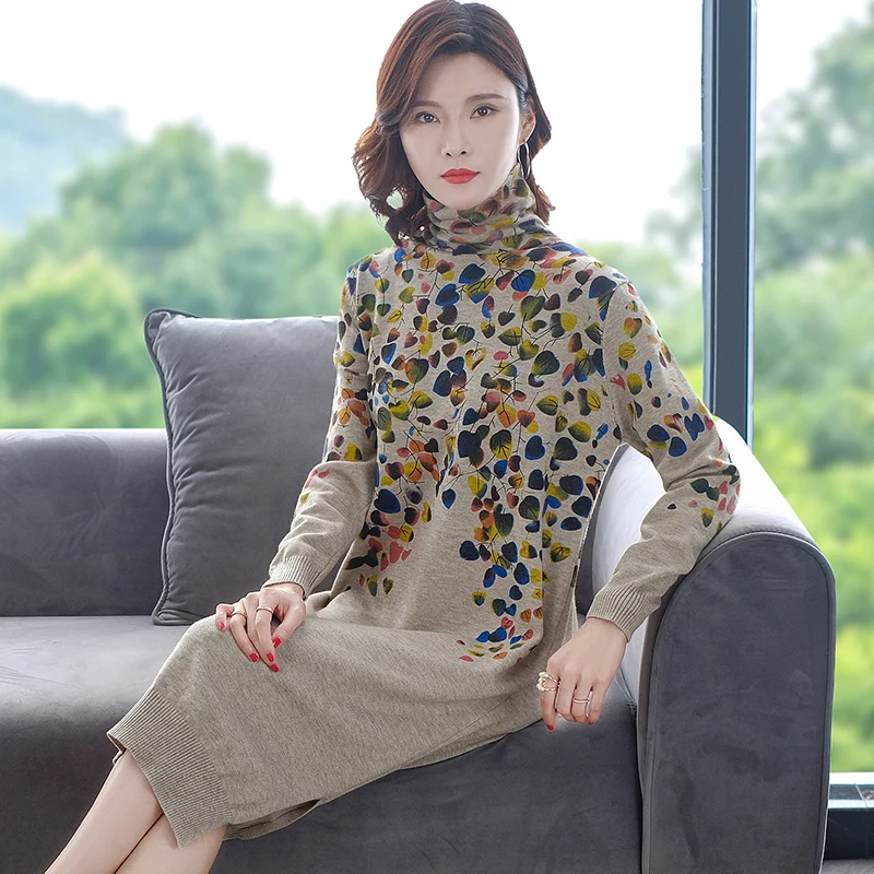 Женское трикотажное платье-свитер свободное платье-водолазка с цветочным