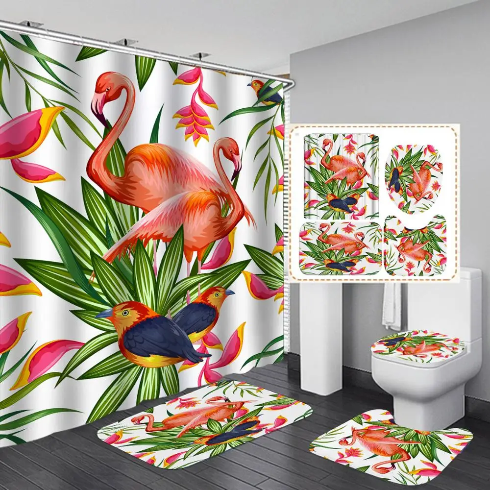 

4pcs Pink Flamingo Shower Curtain Sets Leaf Flower Print Bathroom Accessories with Non-Slip Rug, Toilet Lid Cover and Bath Mat