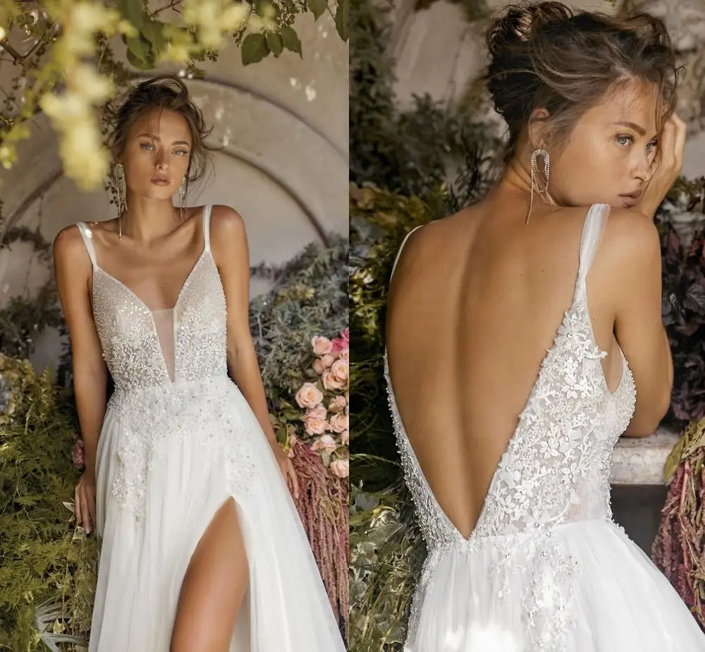 2020 свадебное платье с тонкими бретельками разрезом по бокам свадебные платья