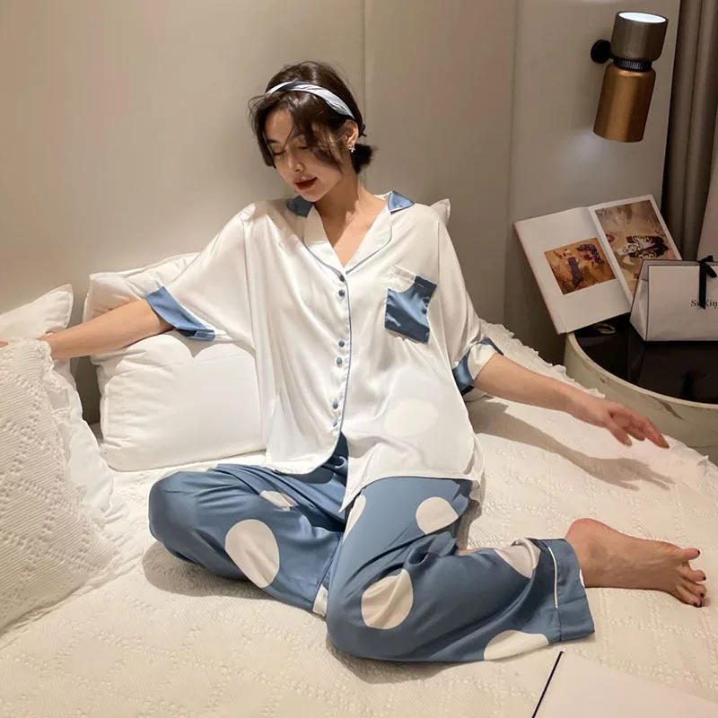 

Polka Dot Print 2PCS Faux Silk Pajamas Suit Women Home Wear Turn-down Collar Shirt&Pant Nightwear Spring Summer Casual Sleepwear
