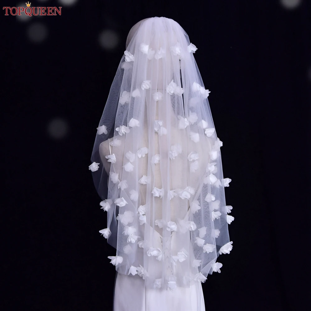 TOPQUEEN V20s Bridal Veil with 3d Flowers Wedding Veil Luxurious Bridal Veils Wedding Veu Bride Pure White VEIL Short Veil