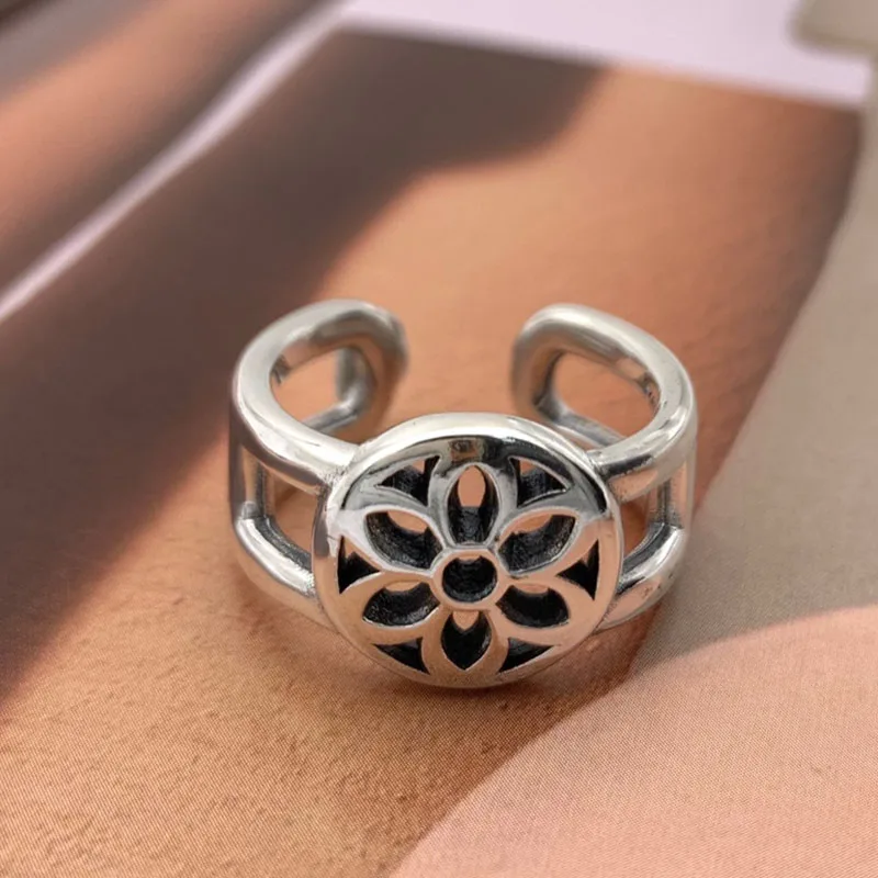 

S925 sterling silver ring personality fashion retro series cherry blossom opening shape jewelry gifts for lovers