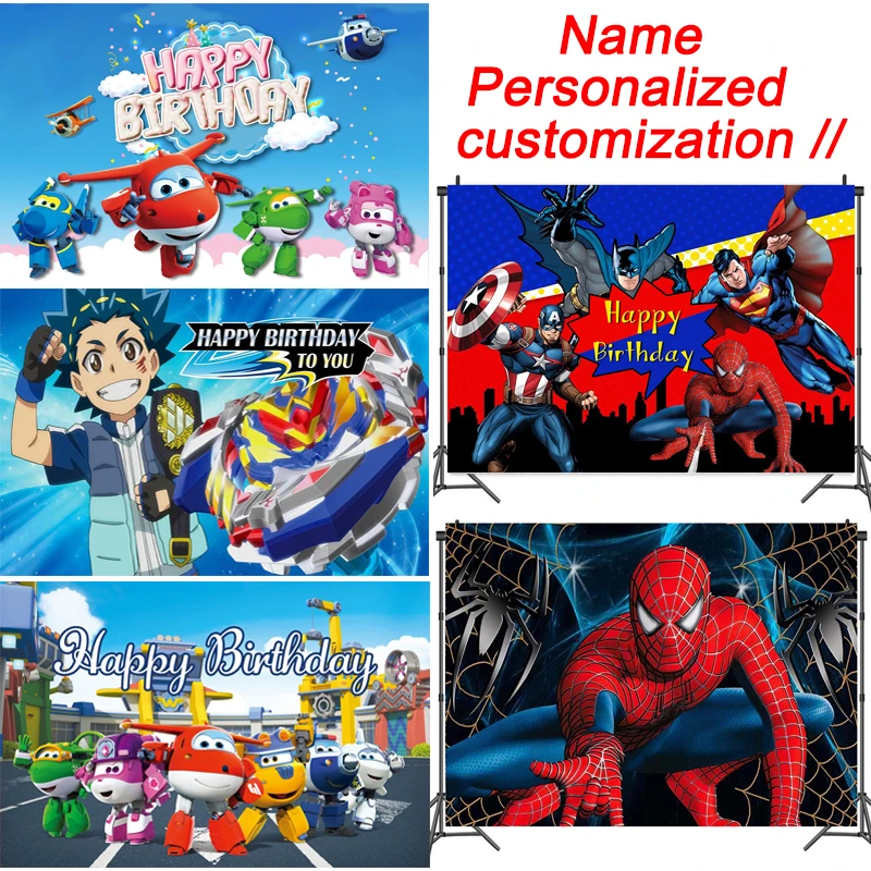 

Boys Birthday party Superher Spiderman/Airplane man/Avengers/Beyblade Theme background DIY Name backdrop photo photography decor