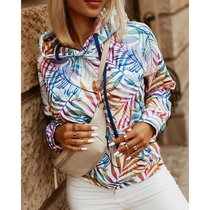 

Oversized Hooded Hoodies Women Leaf Print Pocket 2021 Spring Autumn Full Sleeve Casual Loose Harajuku Female Sweatshirt SJ8617R
