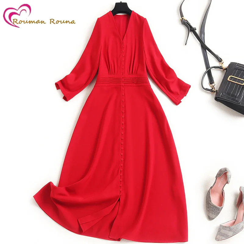 

Высококачественное праздничное красное платье, Новинка осени 2021, женское темпераментное платье с V-образным вырезом и высокой талией