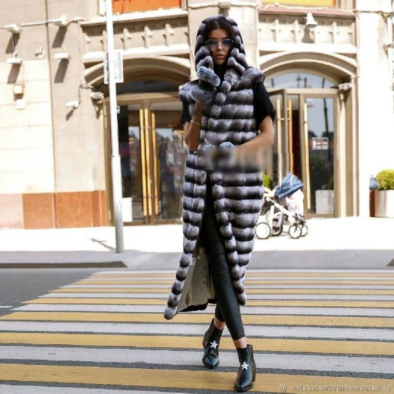 120cm Long Real Rex Rabbit Fur Vest with Hood Warm Winter Fashion Natural Rex Rabbit Fur Vests Trendy Fur Overcoat Luxury Woman