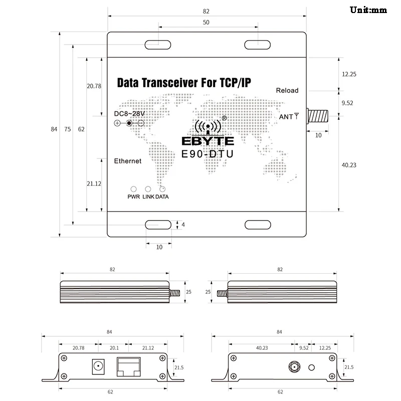 5 км 220-236 МГц Ethernet беспроводной передатчик данных/приемник RJ45 TCP/IP LoRa SX1262/1268