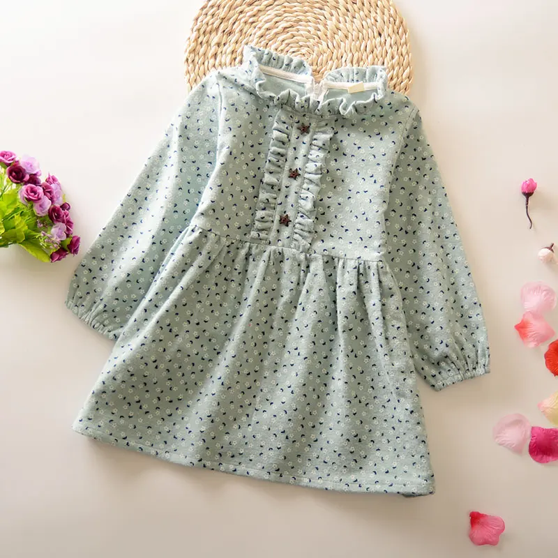 light green Осенняя детская одежда винтажное платье для малышей хлопковые детские платья с длинными рукавами и цветочным рисунком для девочек 3-От 4 до 10 лет - Цвет: light green