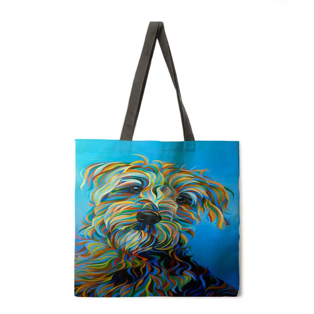 

Oil painting dog print tote bag linen fabric casual tote bag foldable shopping bag reusable beach bag lady shoulder bag