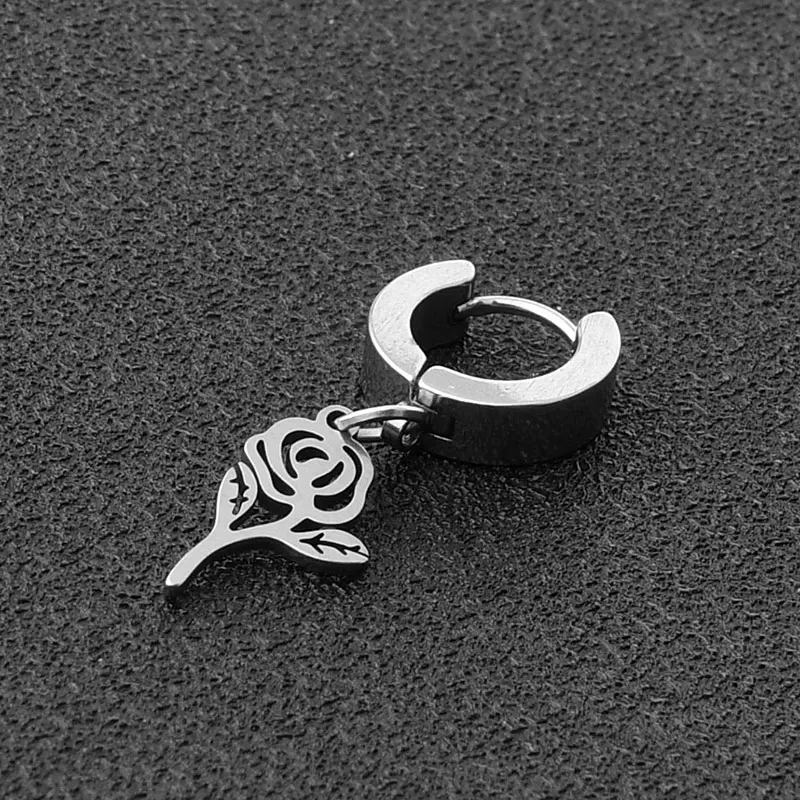 

xiaoboACC One Piece Clip Earrings for Men hiphop Simple Stainless Steel Hollow Rose Hanging Earrings Wholesale