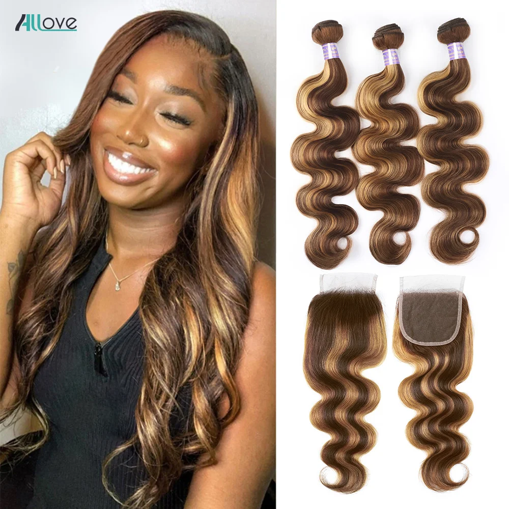 

Highlight Bundles With Closure Brazilian Ombre Body Wave Hair Bundles With Closure P4/27 Brown Color Remy Hair Weave Bundles