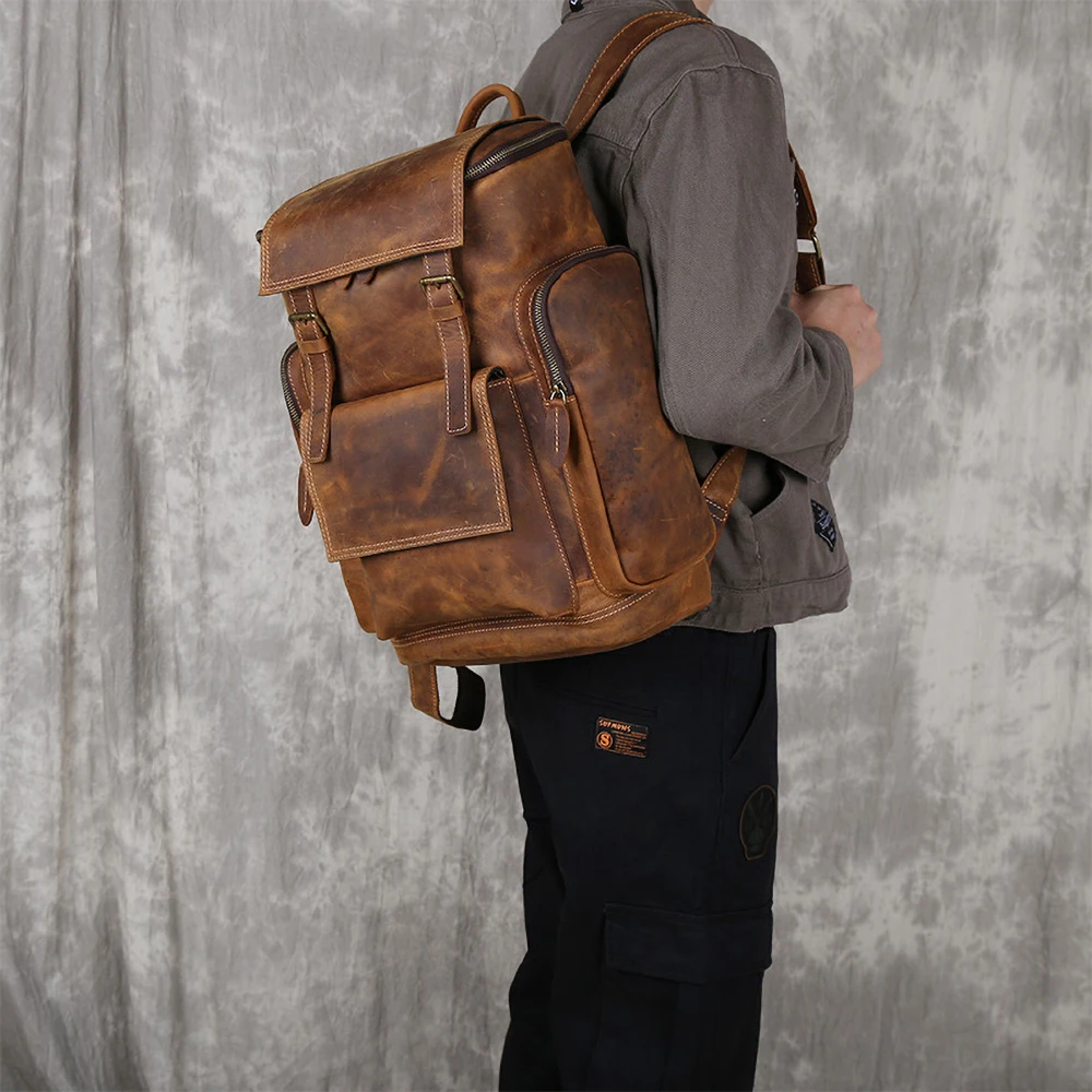 Мужской винтажный рюкзак ZRCX из натуральной кожи Удобная дорожная сумка воловьей