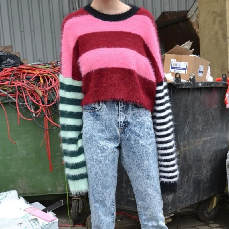 Y Demo Grunge Striped Short Sweater Women O-neck Long Sleeve Patchwork Softt Knitted Pullover Autumn Casual Tops Clothing | Женская