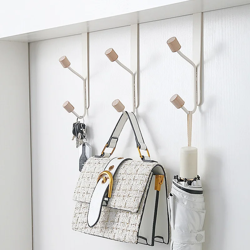

4 Packs Metal Over The Door Hooks with Double Wood Pegs Door Hanger Hooks Towel Rack for Hanging Coats, Hats, Robes, White