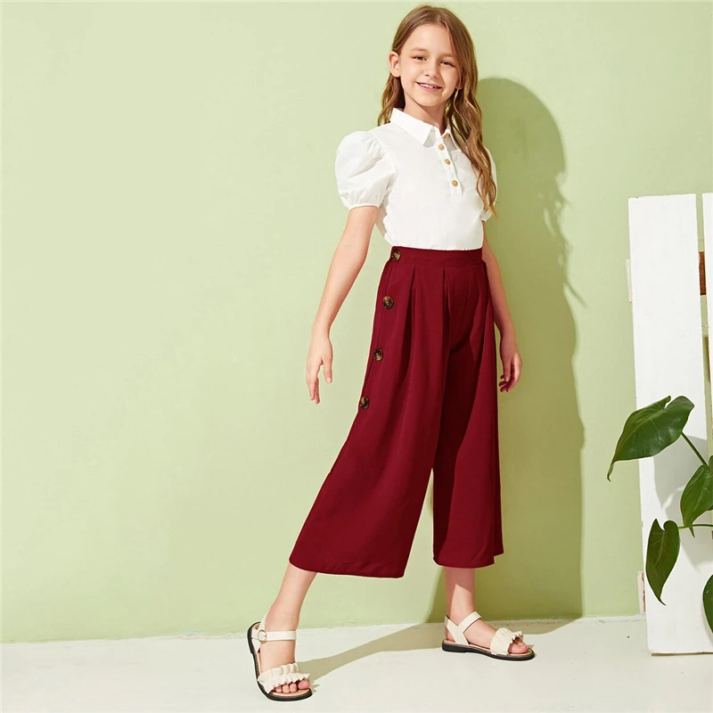 SHEIN Kiddie Girls Solid Button Side Pleated Palazzo Casual Pant Kids Bottom Summer High Waist Teenagers Loose Pants