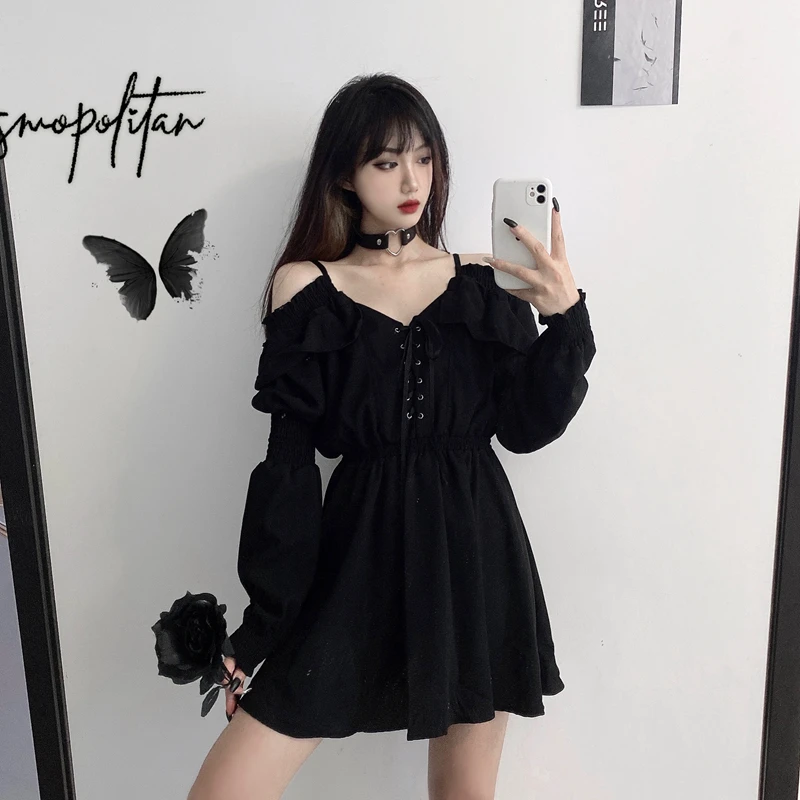 Размера плюс S-4XL Femme платья с открытыми плечами на шнуровке черного цвета осенние