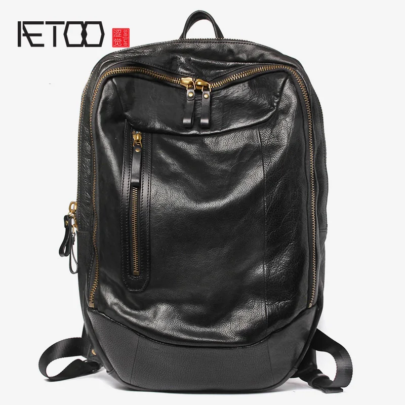 

AETOO Men's leather shoulder bag, casual travel backpack, zip-up retro computer bag