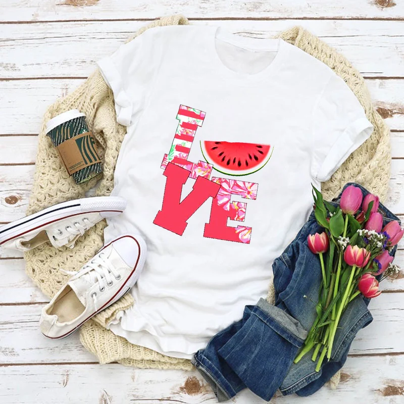 

Women Graphic Love Watermelon Sweet Fruit Cartoon Summer T-Shirt Shirt Tops Lady Clothes Womens Clothing Tee Female T Shirt
