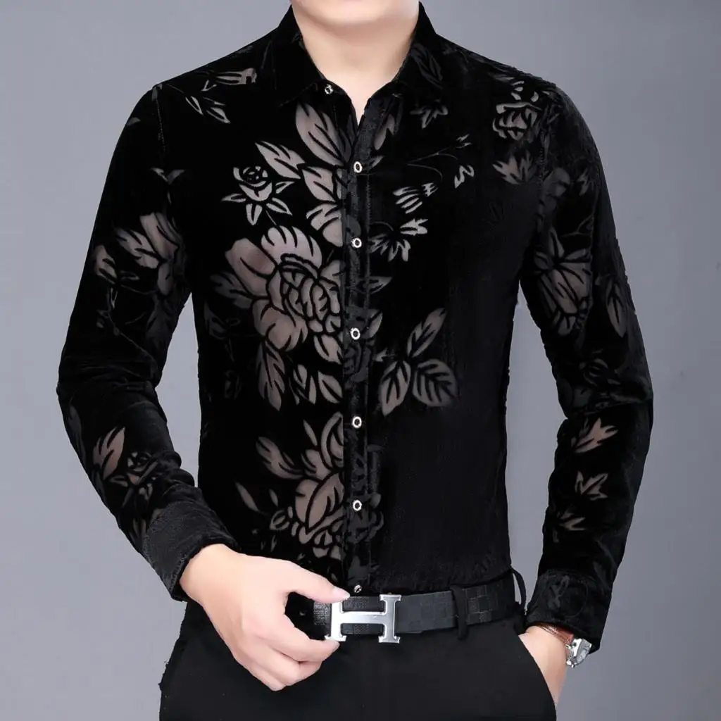 

High Quality See Through Flower Shirts Men Business Casual Office Shirt 2021 Velvet Long Sleeve Camisa Chemise Homme Men Shirt